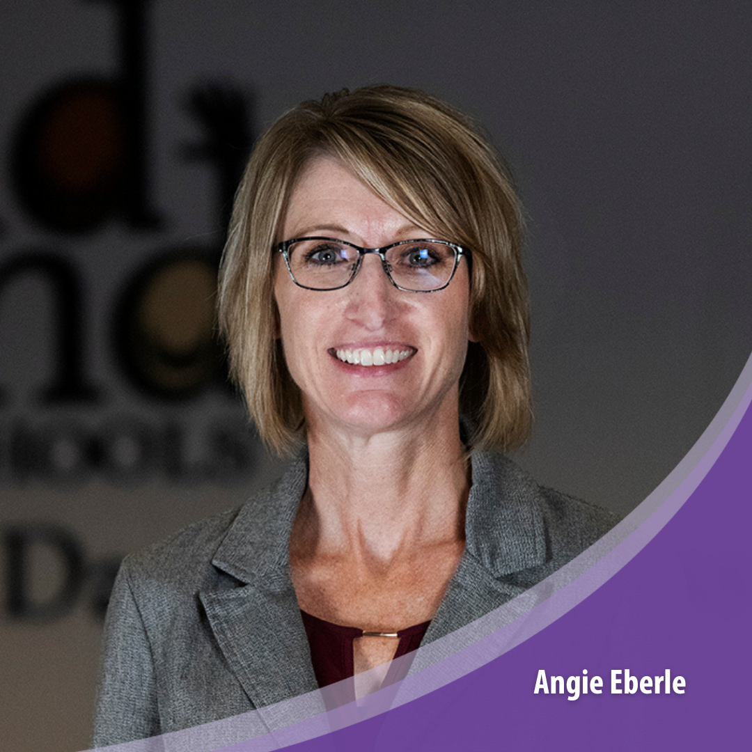 Angie Eberle headshot with purple name graphic in the right corner.