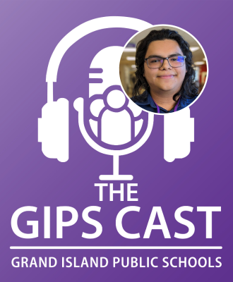  The GIPS Cast podcast logo with headshot of Kevin Vazquez, GISH Senior.