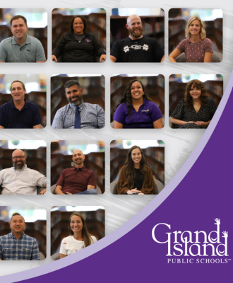  Smiling headshots of 13 GIPS educators over a grey gradient background and purple corner swoop